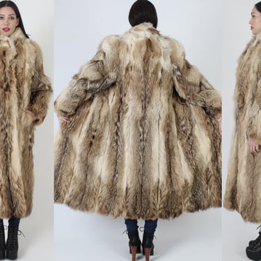 Full Length Coyote Fur Coat / Shaggy Real Fox Jacket / Vintage Shawl Collar Chubby Long Overcoat 