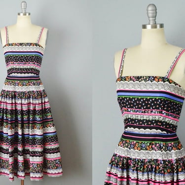 Victor Costa Sundress / 1980s Border Print Dress / Ribbon Dress / Garden Party Dress  / Size Small 