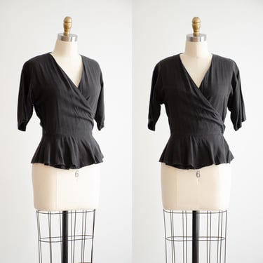 black wrap blouse 80s vintage 40s style peplum shirt 