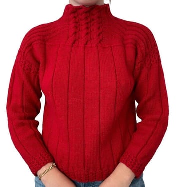 Vintage Hand Knit Santa Maria Cherry Red 100% Wool Chunky Mock Neck Sweater Sz S 