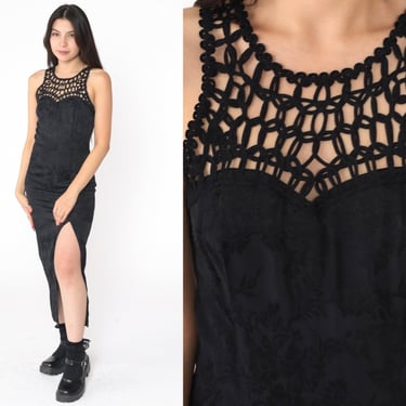 Black Party Dress 90s Crochet Neckline Sweetheart Cut Out Floral Embossed 1990s Bodycon High SLIT Cocktail Going Out Vintage Extra Small xs 