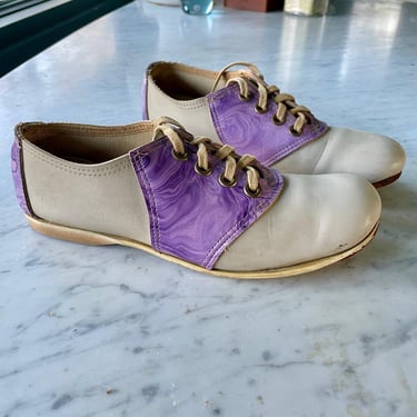 1960s Mod Marbled Hyde Co. Shoes 8 1/2 US Lace-up Oxford Loafers Bowling Psychedelic Purple Swirly Naugahyde  Vinyl Twiggy Era Mid-Century 