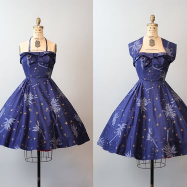 1950s HAWAII hand print STARS halter dress bolero xxs | new spring 