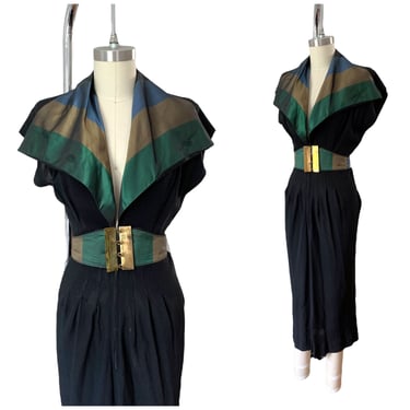 40s Stripe Rayon Crepe LBD Dress / 1940s Vintage Black Cocktail Dress / Small / Size 4 