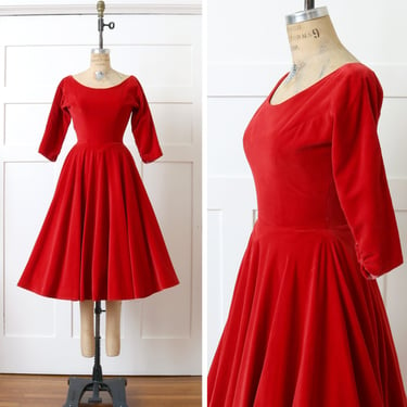 vintage 1950s red velvet fit & flare dress • nipped waist full twirl skirt fifties holiday dress 