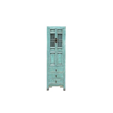 Distressed Turquoise Blue Slim Wood Carving Shutter Doors Storage Cabinet ws4051E 