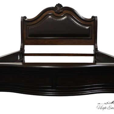 VILLA SONOMA Dark Walnut Traditional Contemporary King Size Bed w. Black Faux Leather Upholstered Headboard 115-5151 