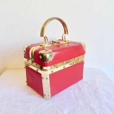 1960's Italian Red Faux Leather Train Box Purse Gold Handle and Hardware Made in Italy 60's Handbags Fleurette of Miami 