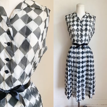 Vintage 1950s Harlequin Black & White Check Sheer Dress / S 