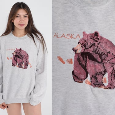 Alaska Bear Sweatshirt 90s Grizzly Bears Sweater Animal Wildlife Embroidered Graphic Shirt Tourist Travel Heather Grey Vintage 1990s Large L 