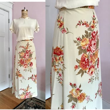 1990's Size 22W / 24W Ivory Floral Bouquet Midi Skirt 