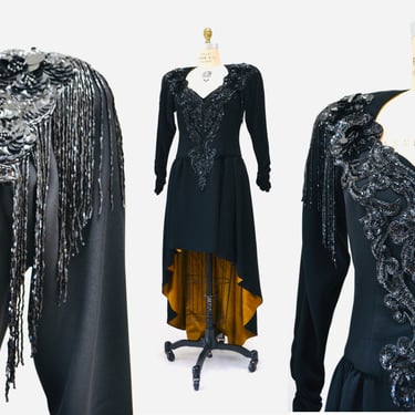 80s 90s Vintage BLACK Beaded Fringe Sequin Dress Medium Criscione// Vintage Black Beaded Fringe Long Sleeve Party Dress 80s 90s Dynasty 