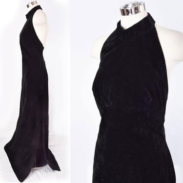 Black Velvet Long Evening Party Dress Halter Gown 1970's, 1960's, Vintage MEDIUM 