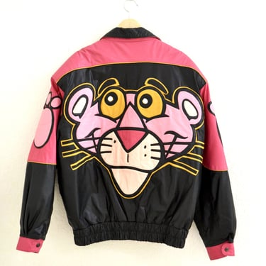 Vintage Black Leather Jacket with Pink Panther Jacket Pink Black// 90s 80s Black Leather Biker Jacket Pink Panther Large Cartoon Pop Art 