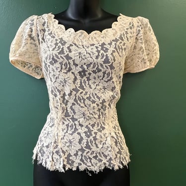 1950s lace blouse Dorothy Korby sheer ivory dress top medium 