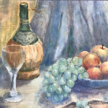 Oil Painting, Impressionist Style Still Life, Grapes, Fruit, Wine, Colorful, Signed, Unframed, Oil on Board 