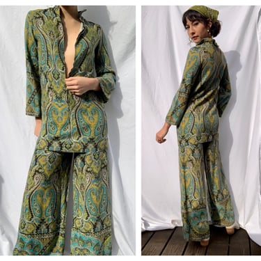 1960's Mini Dress and Slacks Set / Green Blue and Yellow Paisley Print / Sixties Mod Pant Suit and Mini Skirt Set / Twiggy London Style 