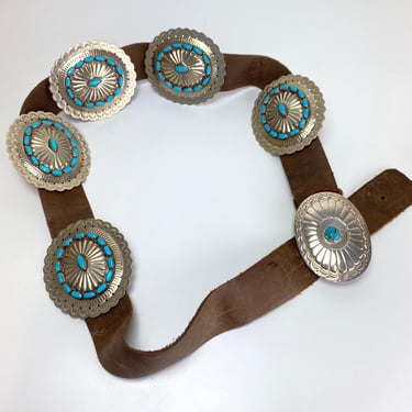 Vintage Huge Navajo Handmade Turquoise Concho Belt Stamped Silver Repousse Leather 