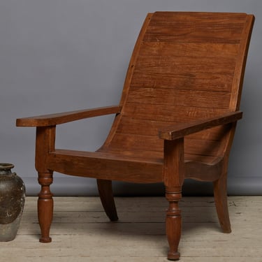 Large Slat Back Early Teak Lounging Chair with Nicely Turned Legs