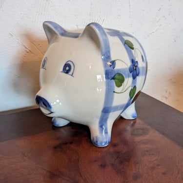 Vintage Blue and White Hand Painted Floral Ceramic Piggy Bank 