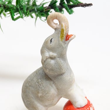 Antique 1930's German China Bisque Circus Elephant on Ball, Unglazed Hand Painted Miniature, Vintage Germany Toy 