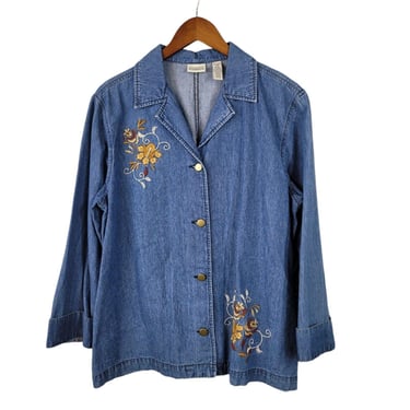 Vintage Denim Jean Jacket Size XL Coat button up Western Embroidered Floral 