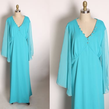 1970s Turquoise Blue and Gold Sleeve Trim Sheer Angel Wing Sleeve Full Length Formal Plus Size Prom Dress by Lily Lynn -2XL 