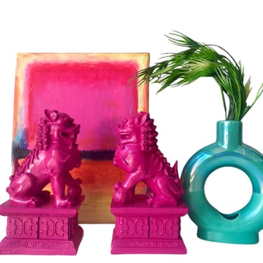 6.5” Hot Pink FOO DOG Figurines | Vintage Guardian Shi Shi Lions | Color Pop Protection Statues | Modern Chinoiserie Home Decor 