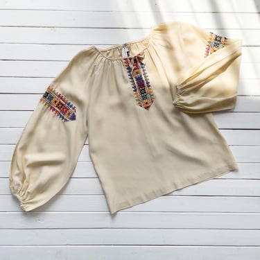 embroidered peasant blouse 70s vintage beige cream balloon sleeve shirt 