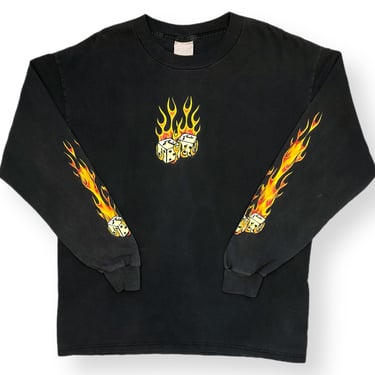 Vintage 90s/Y2K Rusty Flaming Dice Long Sleeve Faded Out Graphic T-Shirt Size Large/XL 