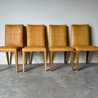 Italian Vintage Organic Modern Stone International Woven Leather Dining Chairs - Set Of 4 