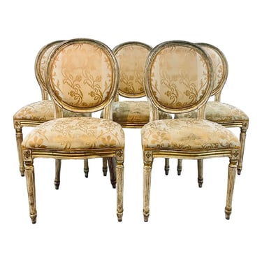 Antique 1920’s French Louis XVI Gold and Ivory Dining Chairs Set of 5