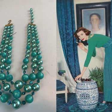 Company's A Callin - Vintage 1950s 1960s Aqua Turquoise Muted Pearl Bead 3 Strand Necklace 