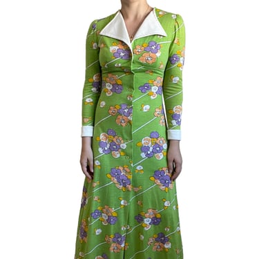 Vintage 1970s Womens Green Floral Disco Collar Retro Hippie Maxi Dress Sz S 