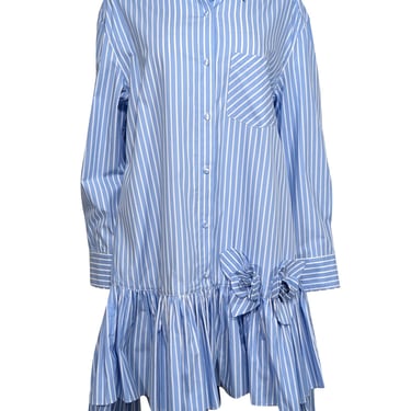 Aknvas - Blue &amp; White Striped Cotton Shirtdress w/ 3D Floral Appliqué Sz XL