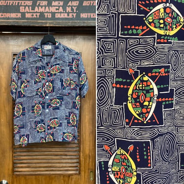 Vintage 1950’s Atomic Tribal Shield Silky Rayon Hawaiian Rockabilly Shirt, Original, Loop Collar, 50’s Vintage Clothing 