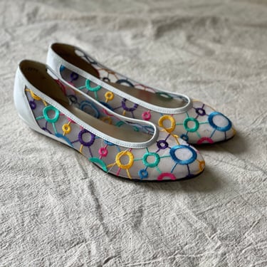 Vintage 80's White Mesh Memphis Style Colorful Flats Shoes by California Magdesians, Size 8 