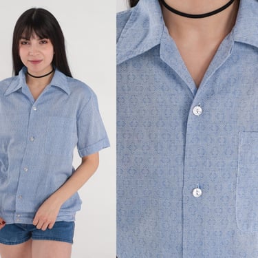 Blue Button Up Shirt 70s Tile Print Shirt Disco Preppy Collared Top Basic Casual Short Sleeve Seventies Menswear Vintage 1970s Medium M 