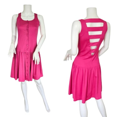 Victoria Harbor 1980s Cage Back Hot Pink Cotton Blend Sleeveless Knit Dress I Sz Sm 