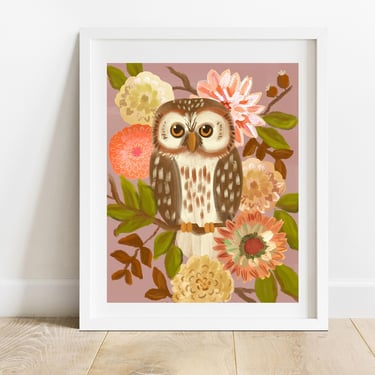 Owl With Dahlias 8 X 10 Art Print/ Bird and Botanicals Illustration/ Modern Woodland Wall Art/ Cottage Core Home Decor 