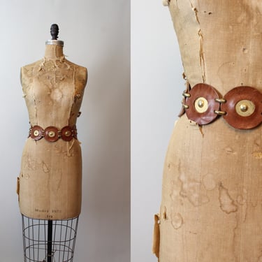 1970s LEATHER and BRASS studded circle belt xs | new spring 