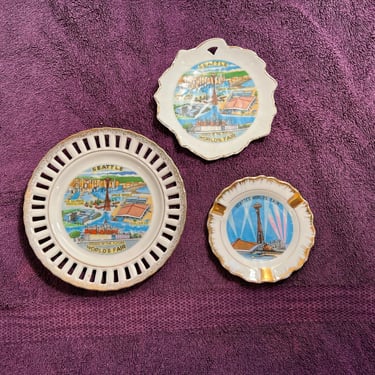 1962 Seattle World’s Fair Space Needle Porcelain Trinket Dishes, Ash Tray, Set of 3 Gold Edged Ceramic 