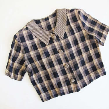 90s Plaid Crop Top S - Vintage 1990s Blue Tan Boxy Collared Blouse - Grunge Short Sleeve Button Up Shirt 