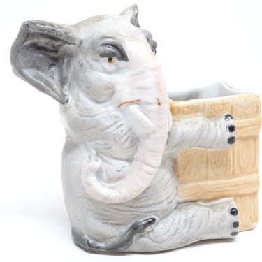 Antique Unglazed Porcelain Elephant with Box Match Holder and Striker,  Vintage Tobacciana, Germany 