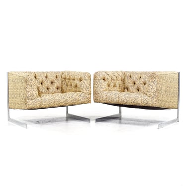 Milo Baughman for Thayer Coggin Mid Century Cantilever Steel Tufted Lounge Chairs - Pair - mcm 