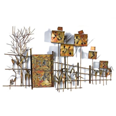 Curtis Jere Style Mid-Century Country Road Torch Cut Metal Wall Sculpture With Mailboxes 