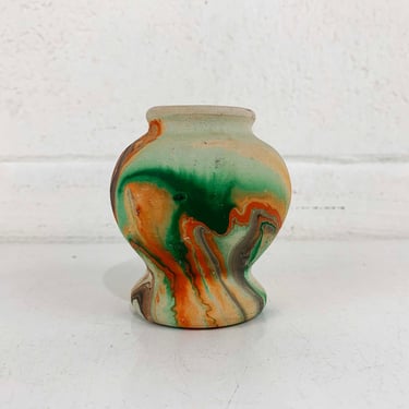 Vintage Small Nemadji Art Pottery Vase Swirl Handmade USA Green Brown Orange Vanity Seven Falls Colorado MCM Beige 1970s 