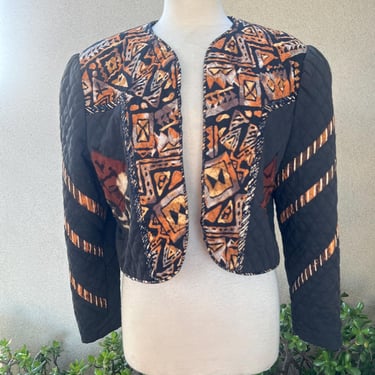 Vintage Marie quilted bolero style jacket abstract design browns & black Sz M. 