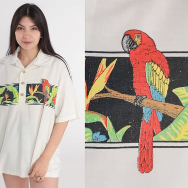 Parrot Polo Shirt 70s 80s Tropical Button Up Shirt White Floral Tree Bird Print Vintage Surfer Vacation Short Sleeve Top Men's Large L 