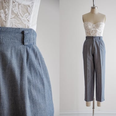 high waisted pants | 80s 90s vintage Liz Claiborne navy blue white herringbone striped cotton ankle trousers 